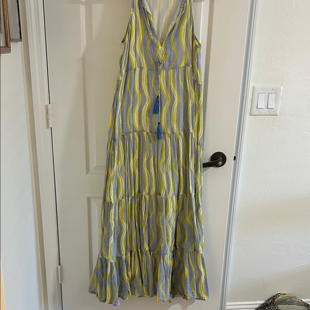 Oliphant Yellow and Blue Wave Maxi Dress